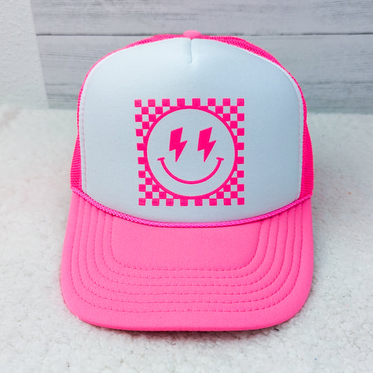 NEON PINK CHECKERED SMILEY HAT
