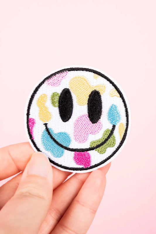 MULTI COLOR COW PRINT SMILEY EMBROIDERED PATCH