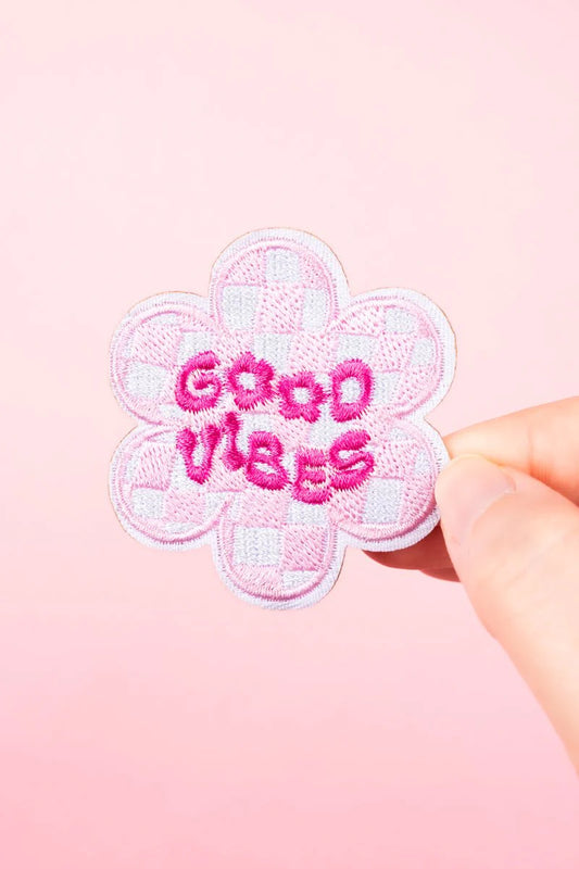 CHECKERS AND FLOWERS GOOD VIBES EMBROIDERED PATCH